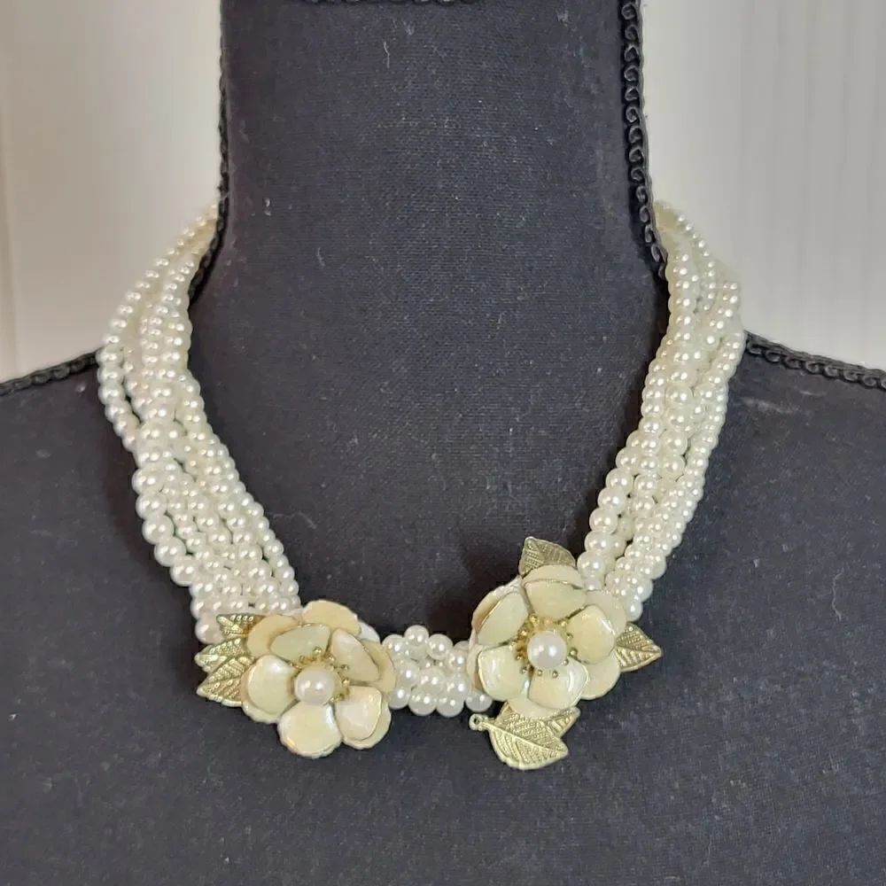 Vintage Six Strand Faux Pearl Necklace With Flowers